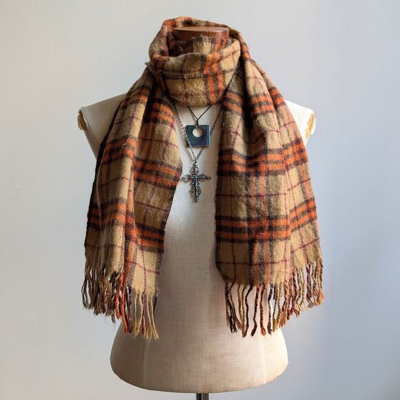 Vintage Orange Plaid Grunge Scarf Cashmere Western 70s Fringe Grunge Knit Wrap